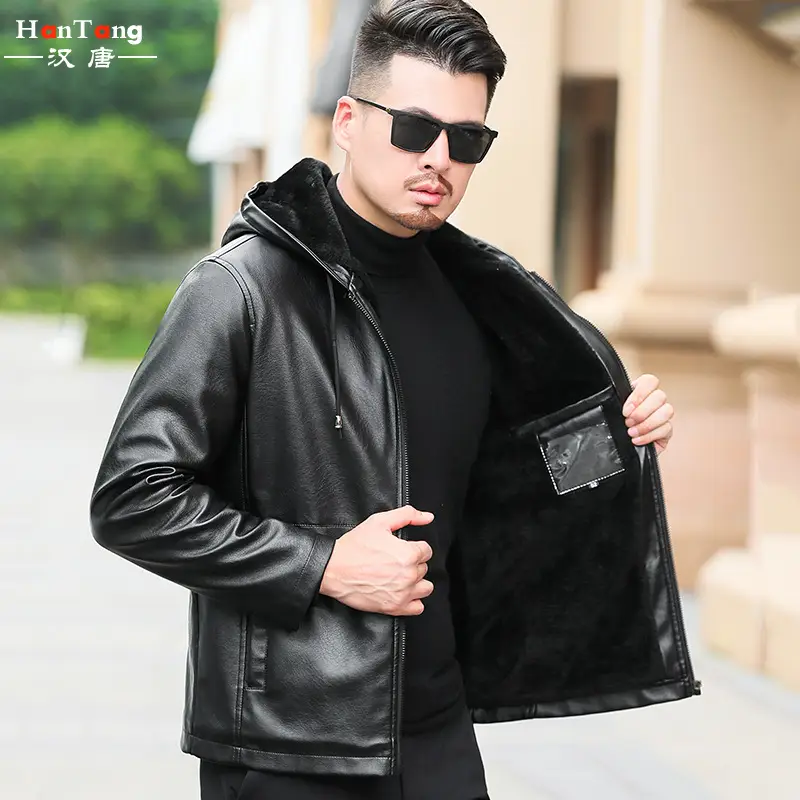 Men Hooded Fleece Jacket Black Plus Size Winter Coat