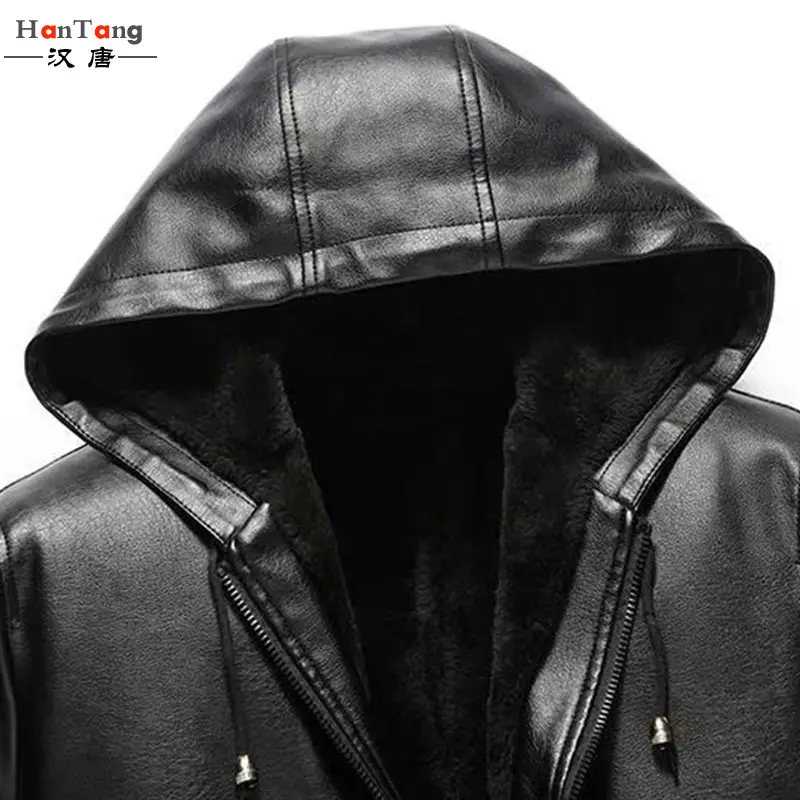 Men Hooded Fleece Jacket Black Plus Size Winter Coat