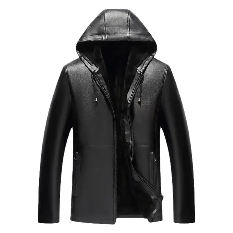 Men Hooded Fleece Jacket Black Plus Size Winter Coat
