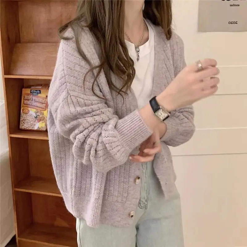 Women Soft Milk Blue Ribbed Cardigan 2025