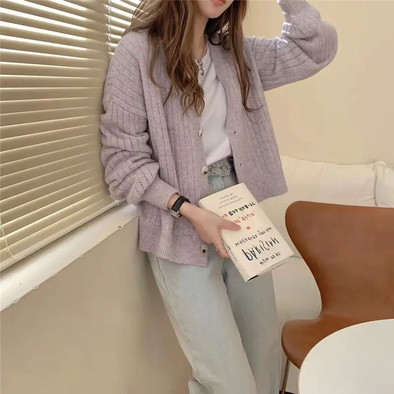 Women Soft Milk Blue Ribbed Cardigan 2025