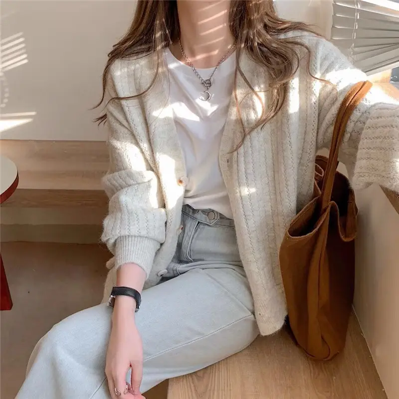 Women Soft Milk Blue Ribbed Cardigan 2025
