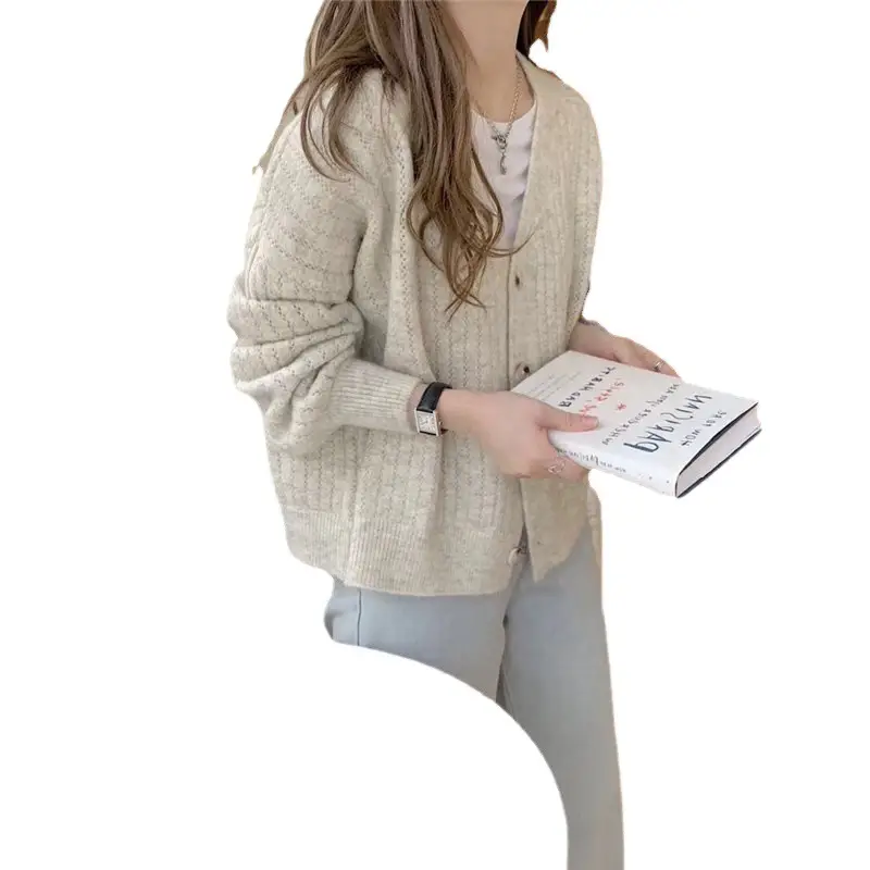 Women Soft Milk Blue Ribbed Cardigan 2025