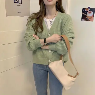 Women Soft Milk Blue Ribbed Cardigan 2025
