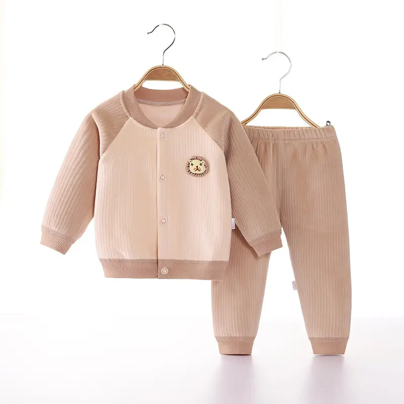 2022 New Baby Velvet Cardigan Set Blue Beige - Image 4