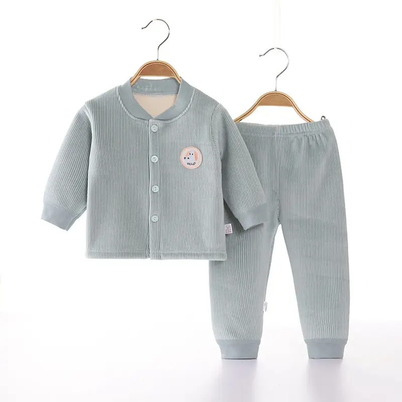 2022 New Baby Velvet Cardigan Set Blue Beige - Image 13