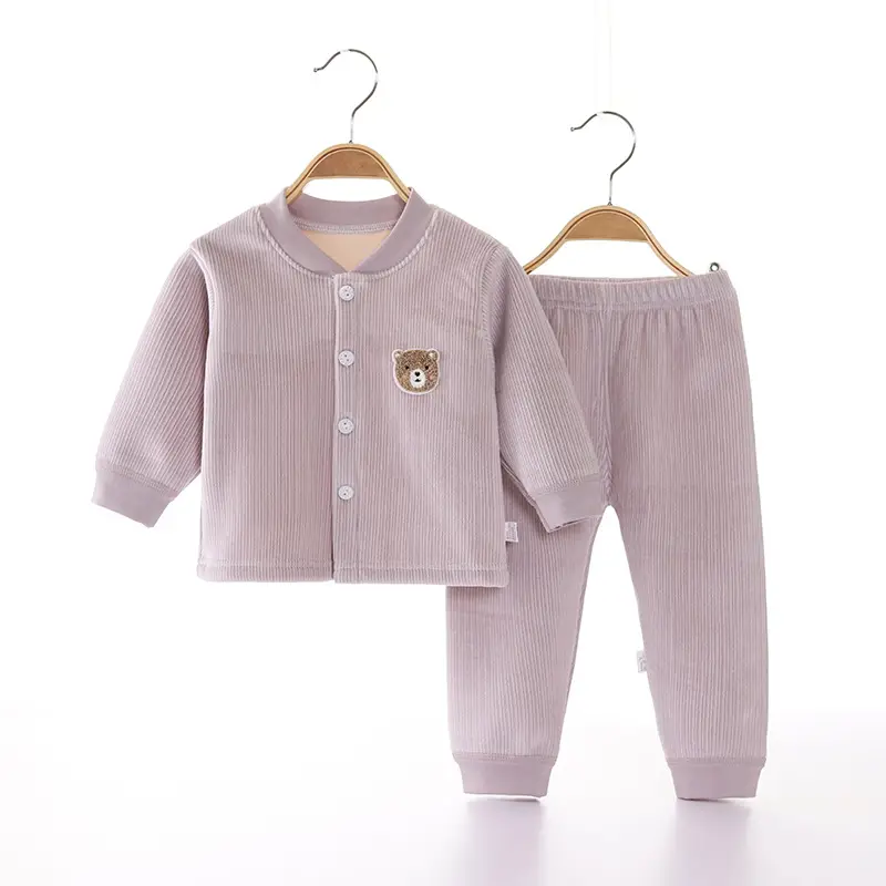 2022 New Baby Velvet Cardigan Set Blue Beige - Image 6