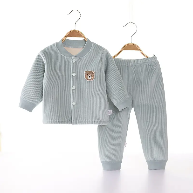 2022 New Baby Velvet Cardigan Set Blue Beige - Image 8