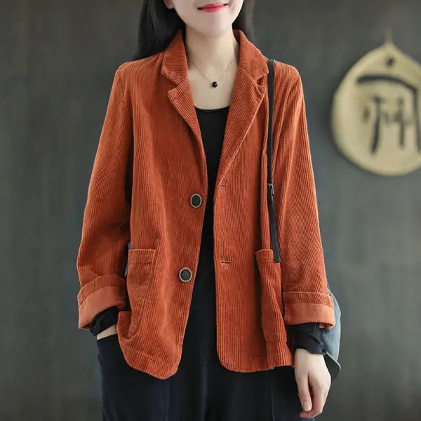 Women's Blue Corduroy Mid-Length Jacket Long Sleeve - Image 6