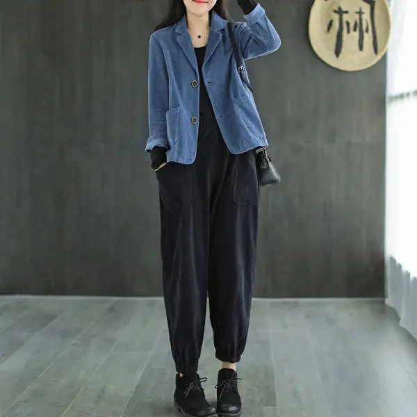 Women's Blue Corduroy Mid-Length Jacket Long Sleeve - Image 7