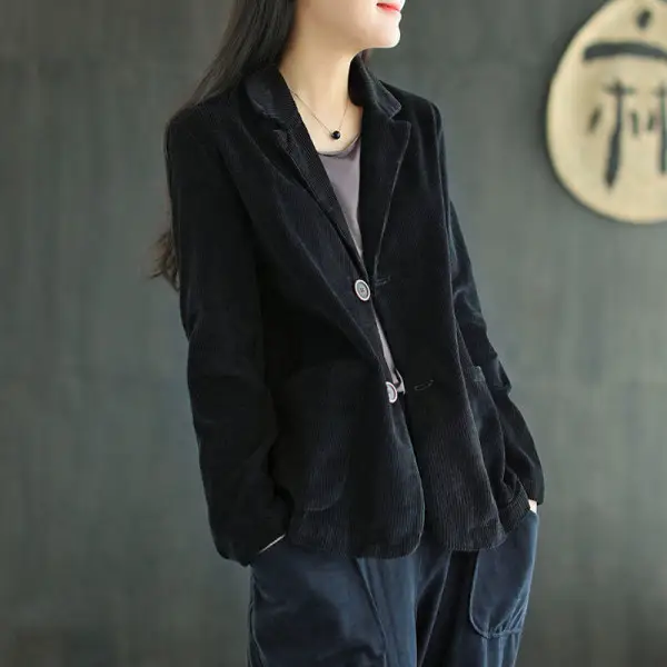 Women's Blue Corduroy Mid-Length Jacket Long Sleeve - Image 2