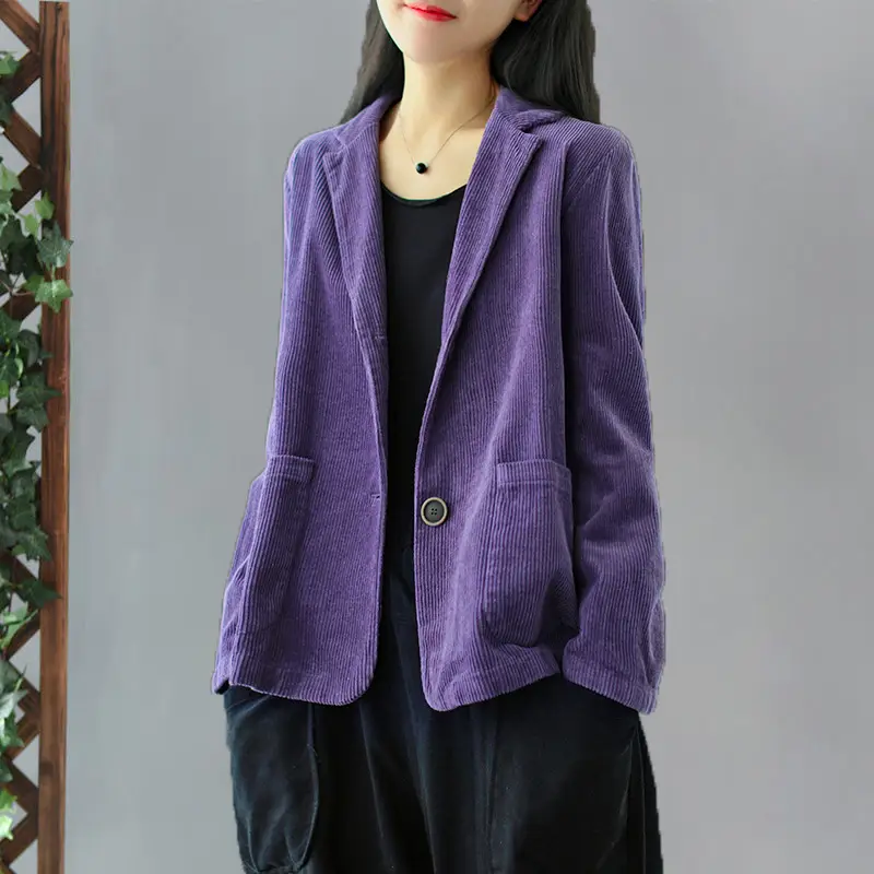 Women's Blue Corduroy Mid-Length Jacket Long Sleeve — feature 6