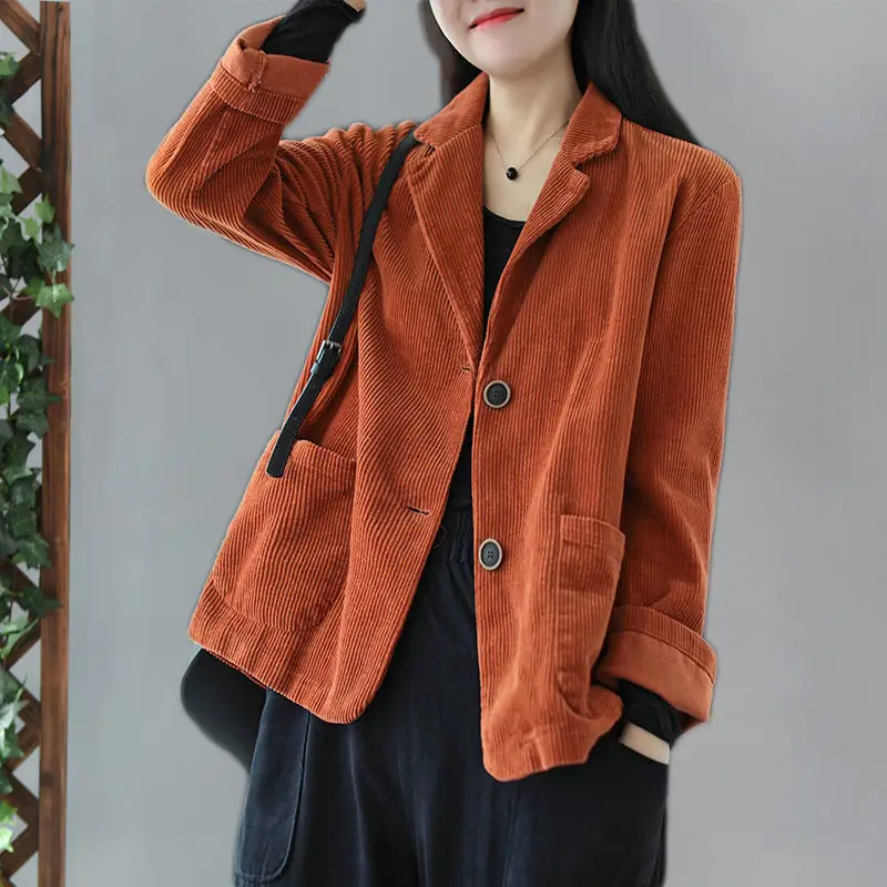 Women's Blue Corduroy Mid-Length Jacket Long Sleeve — feature 8