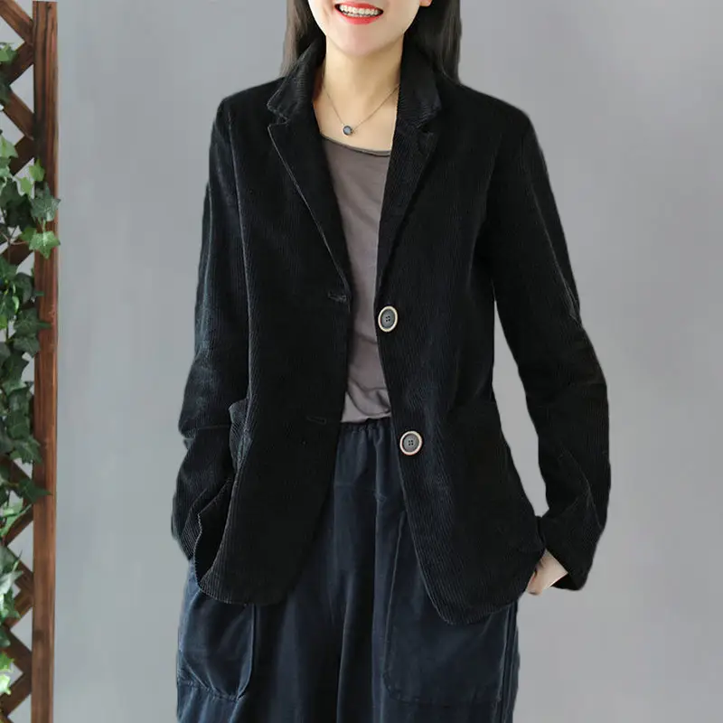Women's Blue Corduroy Mid-Length Jacket Long Sleeve — feature 9