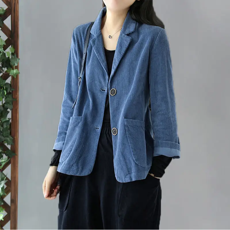 Women's Blue Corduroy Mid-Length Jacket Long Sleeve - Image 3