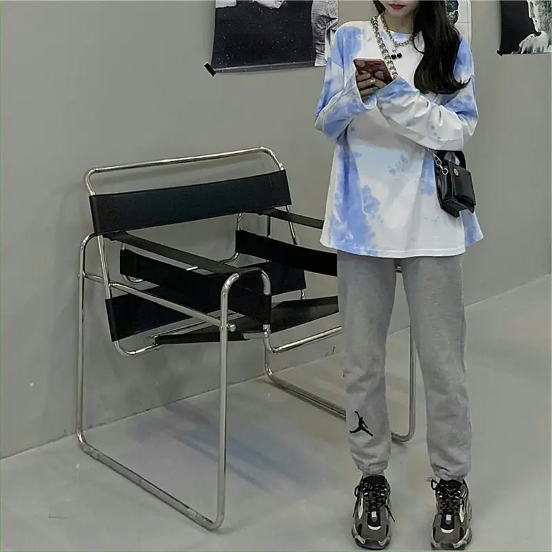 Women Tie-Dye Long Sleeve T-Shirt Blue White Mid Length - Image 3