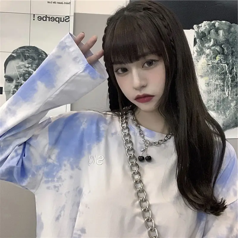 Women Tie-Dye Long Sleeve T-Shirt Blue White Mid Length - Image 5