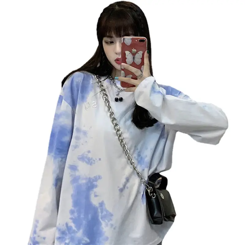 Women Tie-Dye Long Sleeve T-Shirt Blue White Mid Length - Image 6