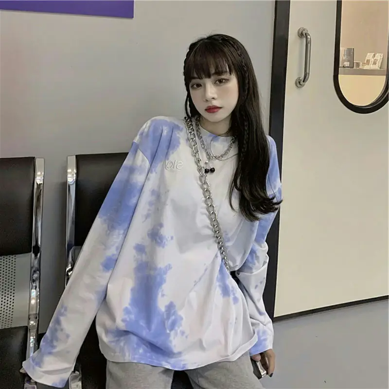 Women Tie-Dye Long Sleeve T-Shirt Blue White Mid Length — feature 3