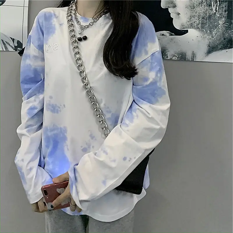 Women Tie-Dye Long Sleeve T-Shirt Blue White Mid Length — feature 4