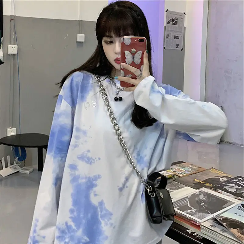 Women Tie-Dye Long Sleeve T-Shirt Blue White Mid Length — feature 6