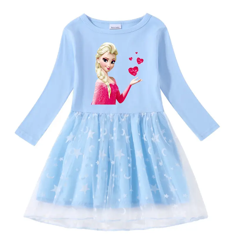 2023 Cotton Princess Dress for Girls Blue Star Moon Design - Image 3