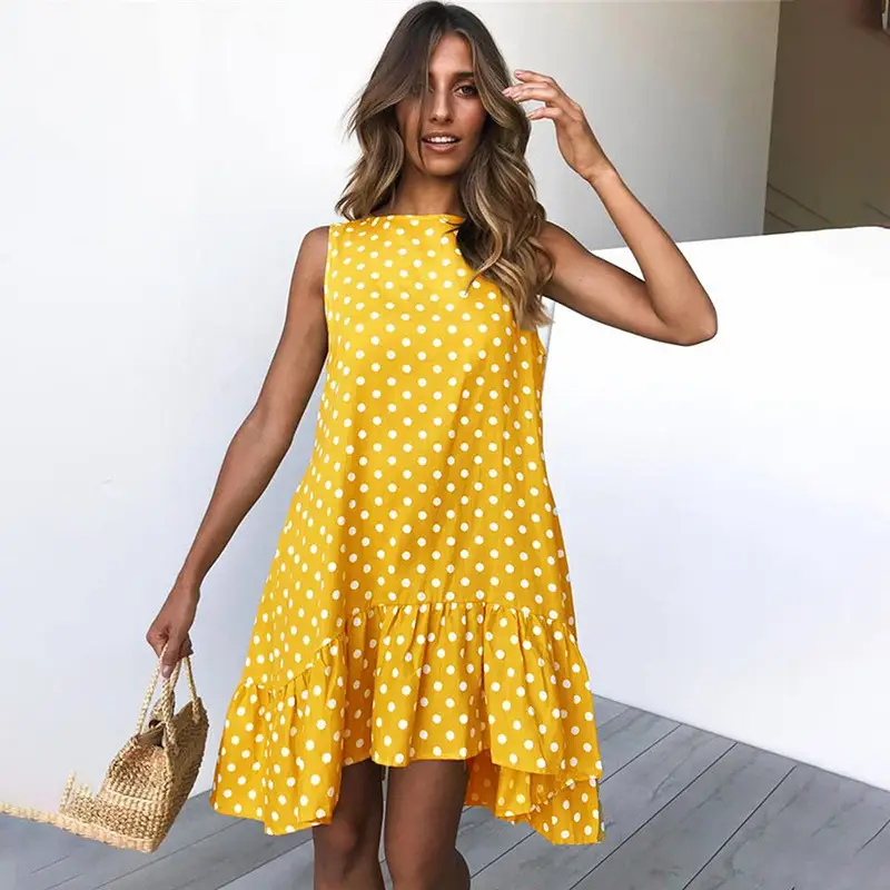 Yellow Polka Dot Sleeveless Dress for Women