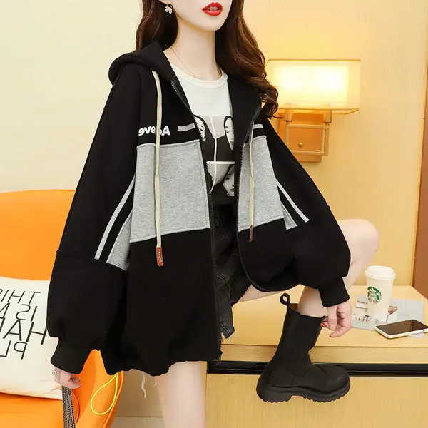 Plus Size Korean Style Hooded Cardigan Jacket Black - Image 4
