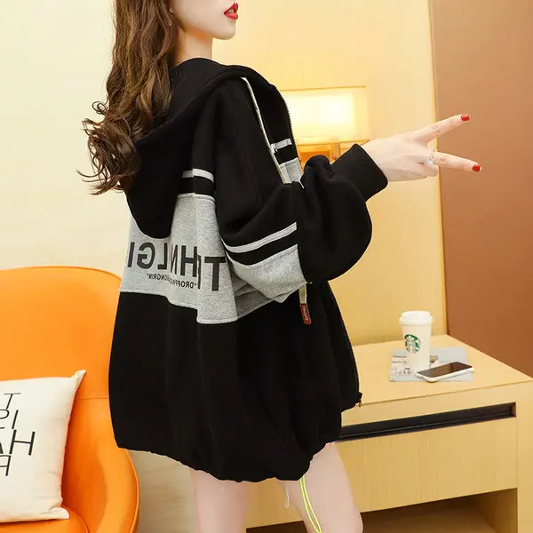 Plus Size Korean Style Hooded Cardigan Jacket Black - Image 5