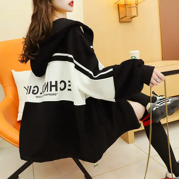 Plus Size Korean Style Hooded Cardigan Jacket Black - Image 6