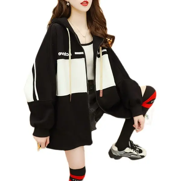 Plus Size Korean Style Hooded Cardigan Jacket Black - Image 7