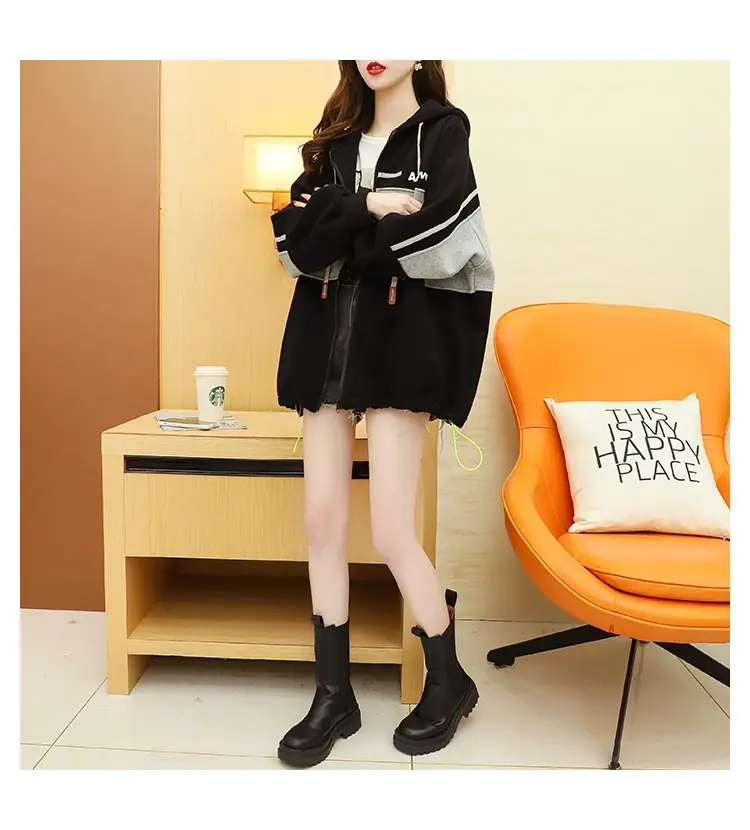 Plus Size Korean Style Hooded Cardigan Jacket Black — feature 10