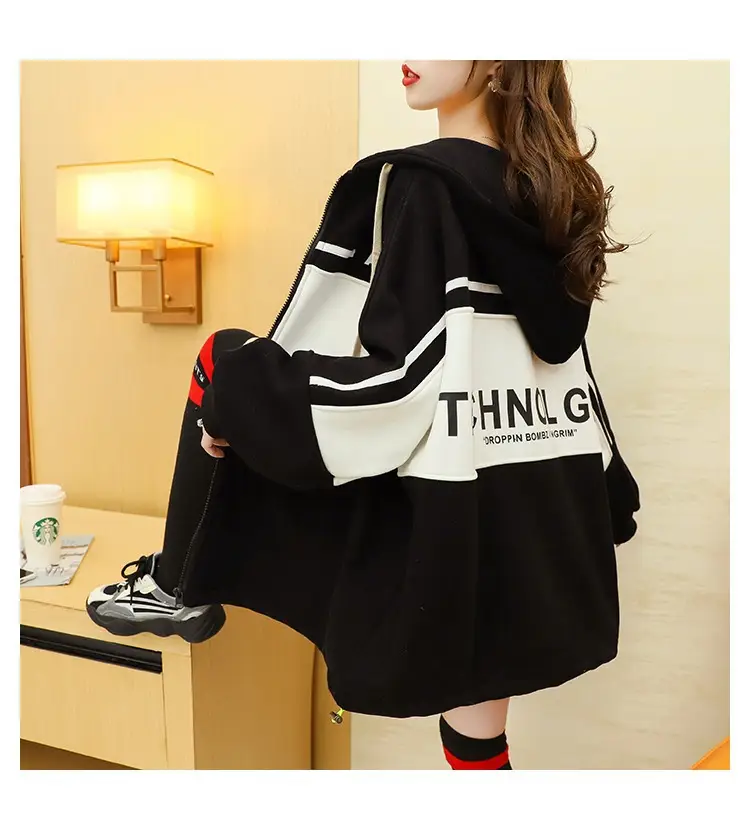 Plus Size Korean Style Hooded Cardigan Jacket Black — feature 13
