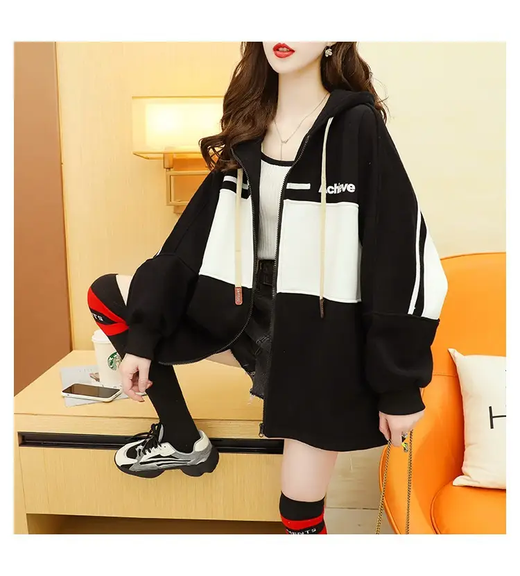 Plus Size Korean Style Hooded Cardigan Jacket Black — feature 14