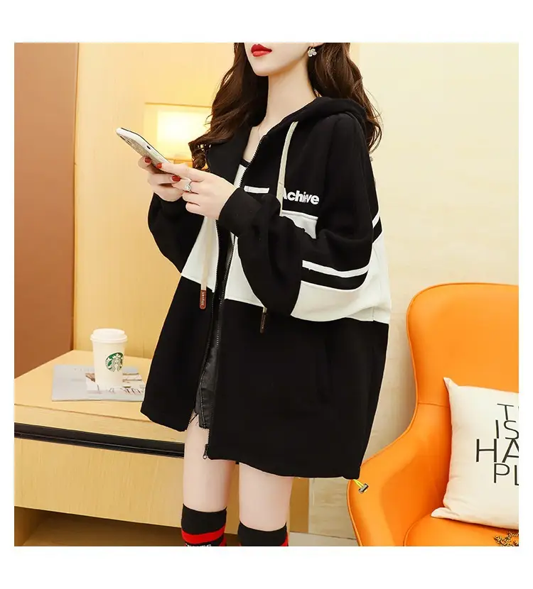 Plus Size Korean Style Hooded Cardigan Jacket Black — feature 17