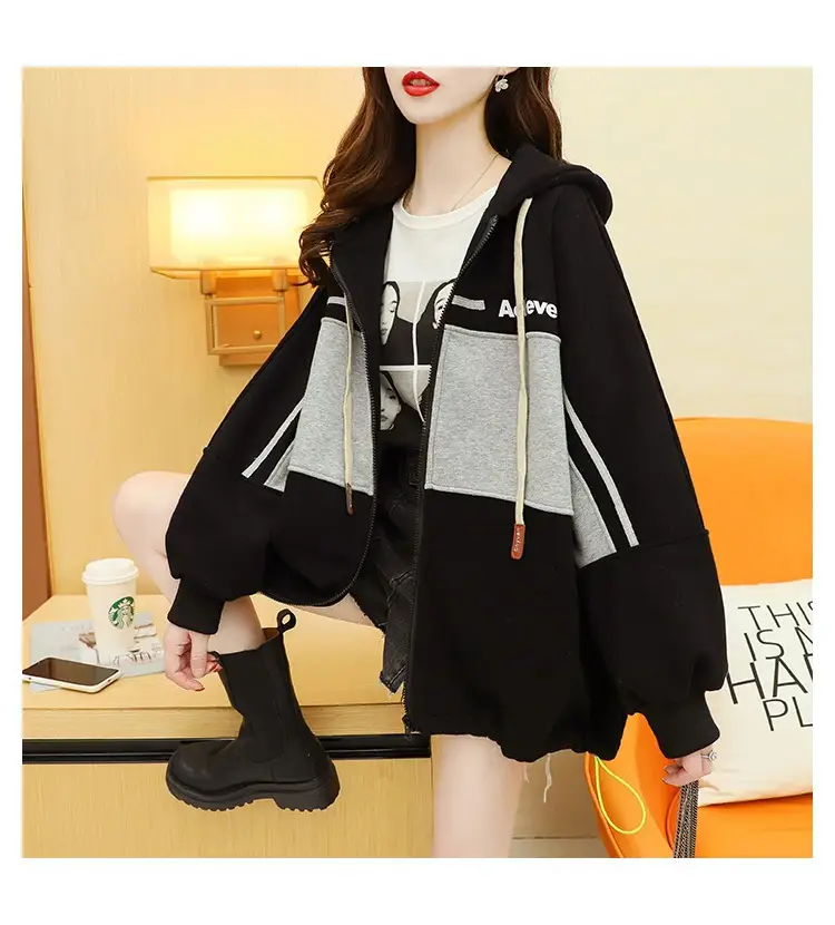 Plus Size Korean Style Hooded Cardigan Jacket Black — feature 4