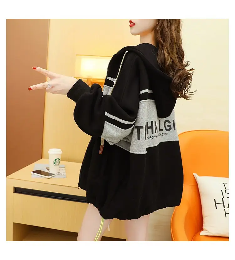 Plus Size Korean Style Hooded Cardigan Jacket Black — feature 5