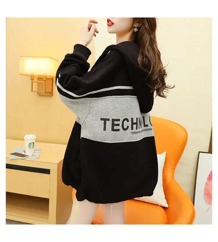 Plus Size Korean Style Hooded Cardigan Jacket Black — feature 8