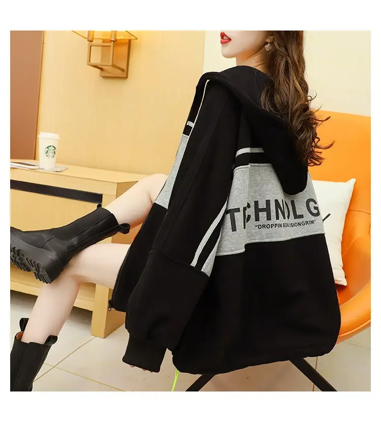 Plus Size Korean Style Hooded Cardigan Jacket Black — feature 9