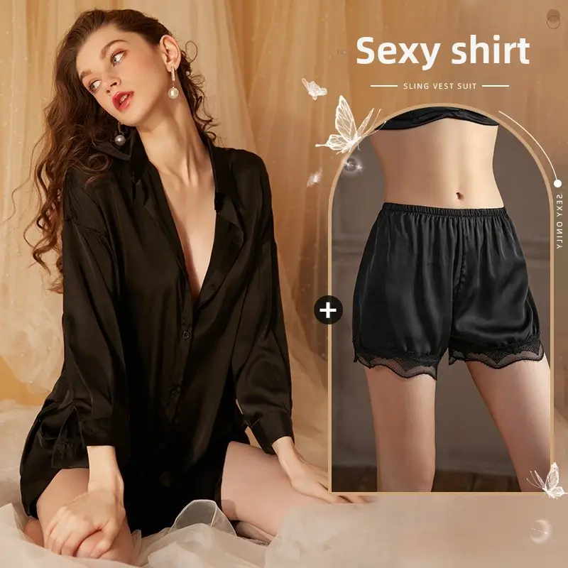 Xian Yi Sexy Boyfriend Style Shirt Pajamas Female Xia Chun Wants Thin High-end Sense Home Wear Outer Wear plus size 430