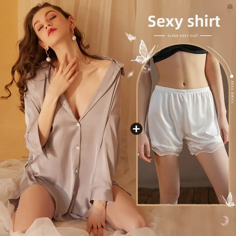 Xian Yi Sexy Boyfriend Style Shirt Pajamas Female Xia Chun Wants Thin High-end Sense Home Wear Outer Wear plus size 430