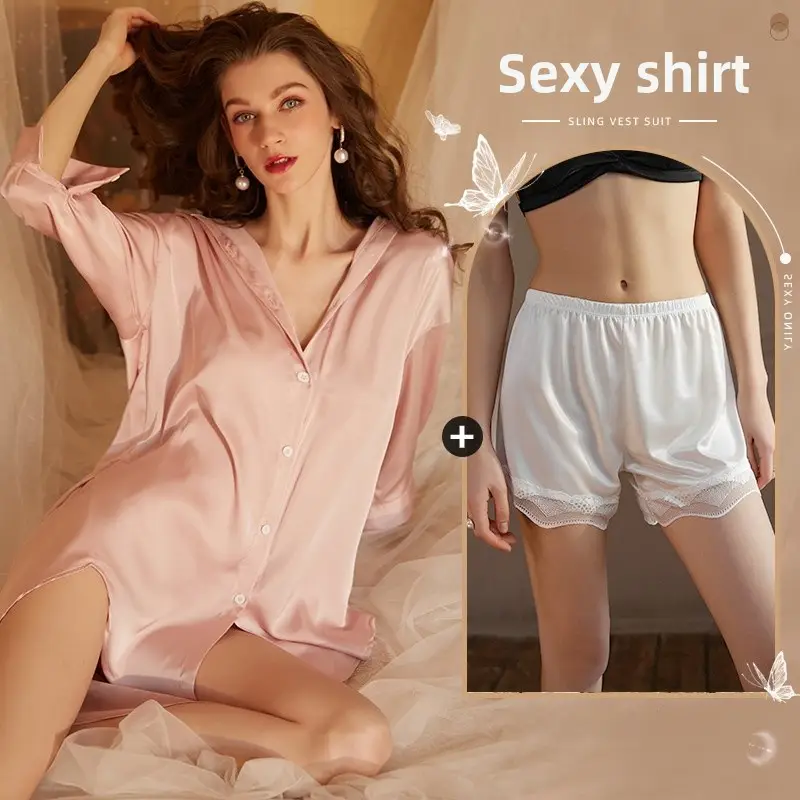 Xian Yi Sexy Boyfriend Style Shirt Pajamas Female Xia Chun Wants Thin High-end Sense Home Wear Outer Wear plus size 430
