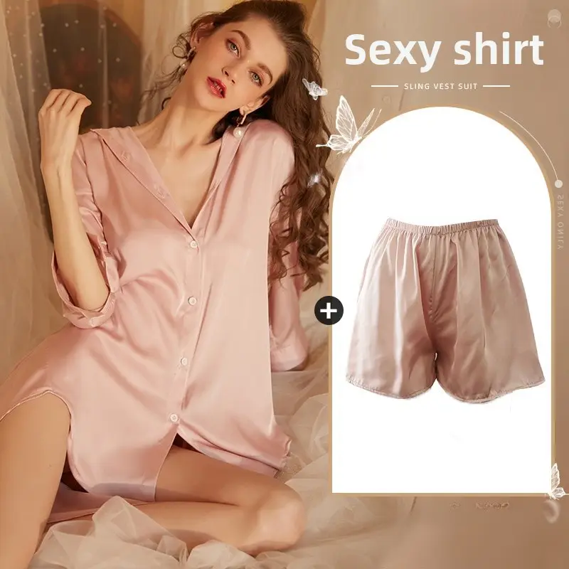 Xian Yi Sexy Boyfriend Style Shirt Pajamas Female Xia Chun Wants Thin High-end Sense Home Wear Outer Wear plus size 430