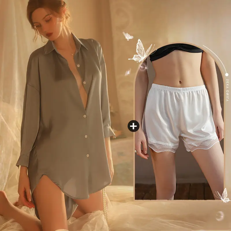 Xian Yi Sexy Boyfriend Style Shirt Pajamas Female Xia Chun Wants Thin High-end Sense Home Wear Outer Wear plus size 430