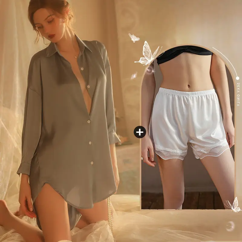 Xian Yi Sexy Boyfriend Style Shirt Pajamas Female Xia Chun Wants Thin High-end Sense Home Wear Outer Wear plus size 430