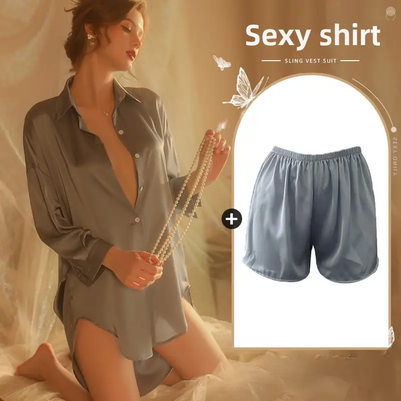 Xian Yi Sexy Boyfriend Style Shirt Pajamas Female Xia Chun Wants Thin High-end Sense Home Wear Outer Wear plus size 430