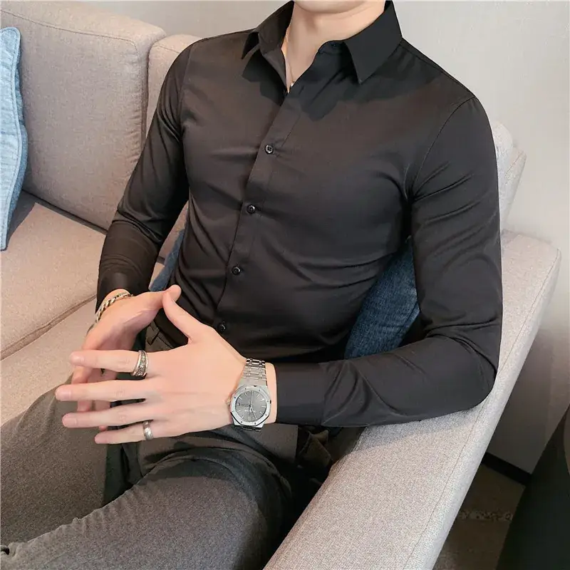 Men's Green Silk Slim Long Sleeve Shirt Large Plus - Image 31