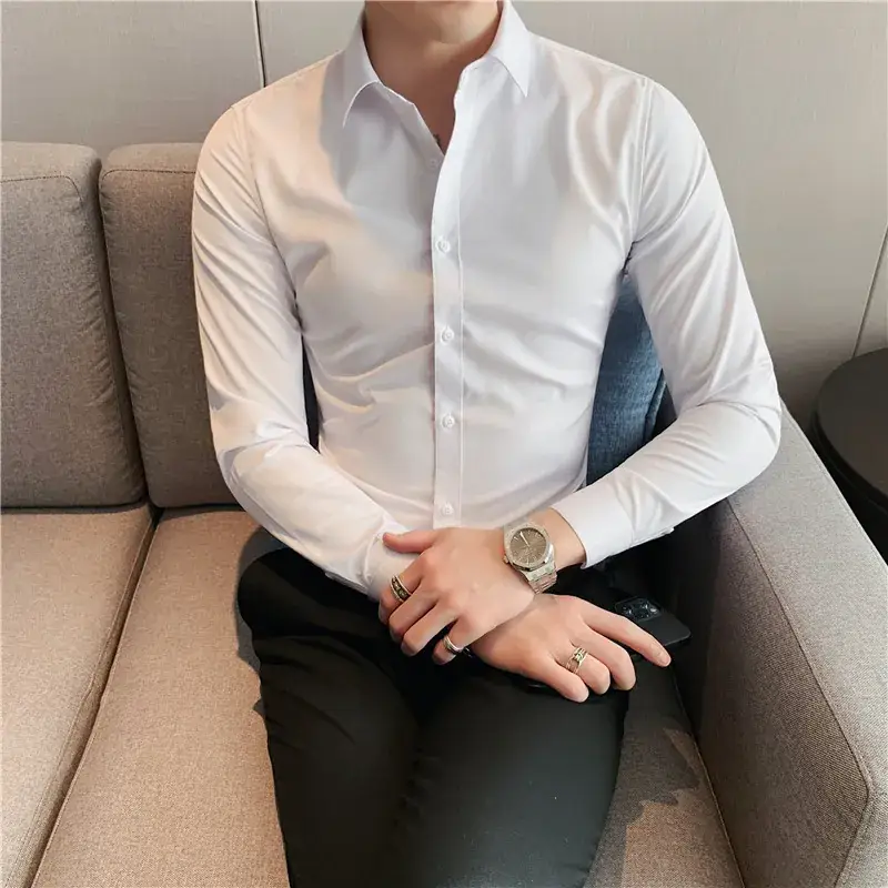 Men's Green Silk Slim Long Sleeve Shirt Large Plus - Image 32
