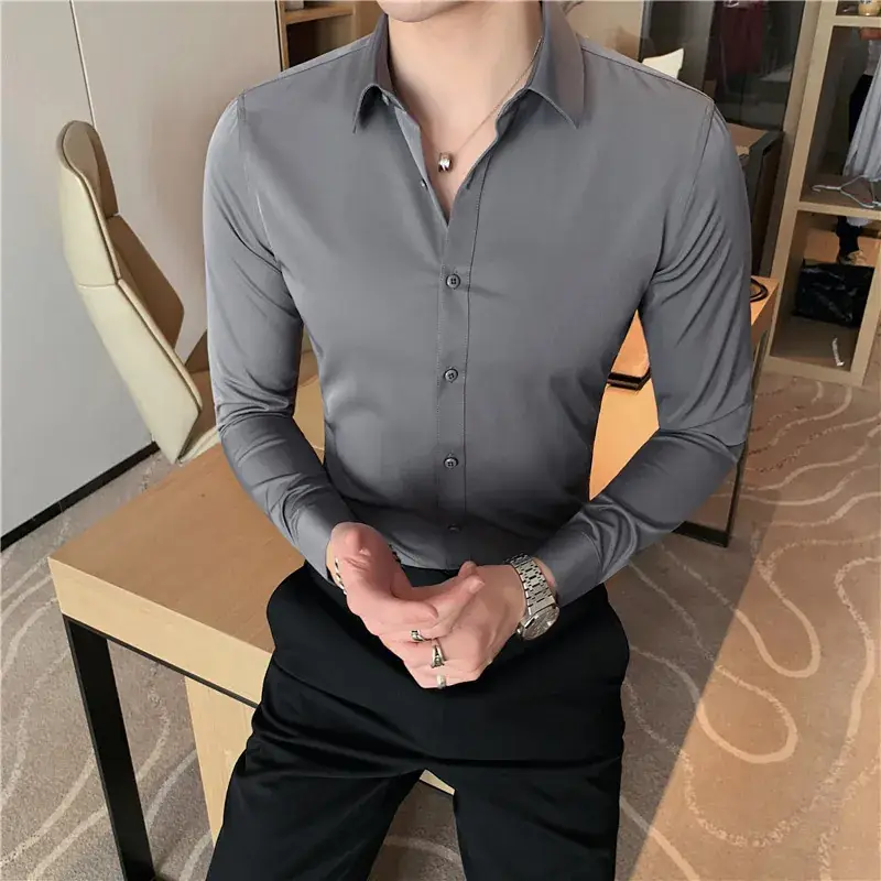 Men's Green Silk Slim Long Sleeve Shirt Large Plus - Image 33