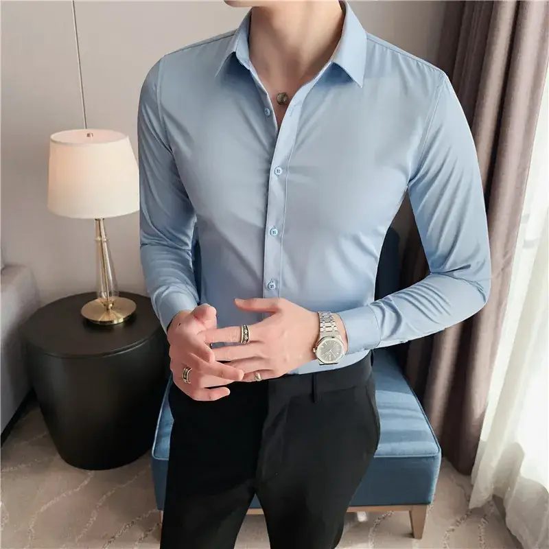 Men's Green Silk Slim Long Sleeve Shirt Large Plus - Image 34